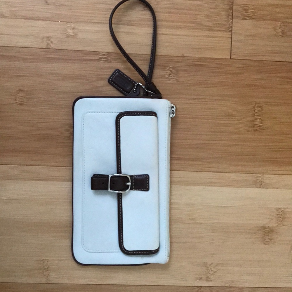 Coach white with brown trim leather wristlet